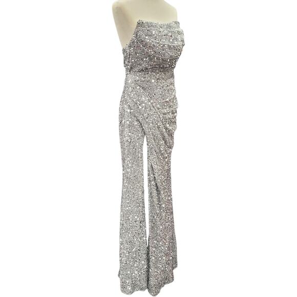 NWT Silver Strapless Sequin Evening Gown with Corset Back on Velvet Fabric - Picture 12 of 13